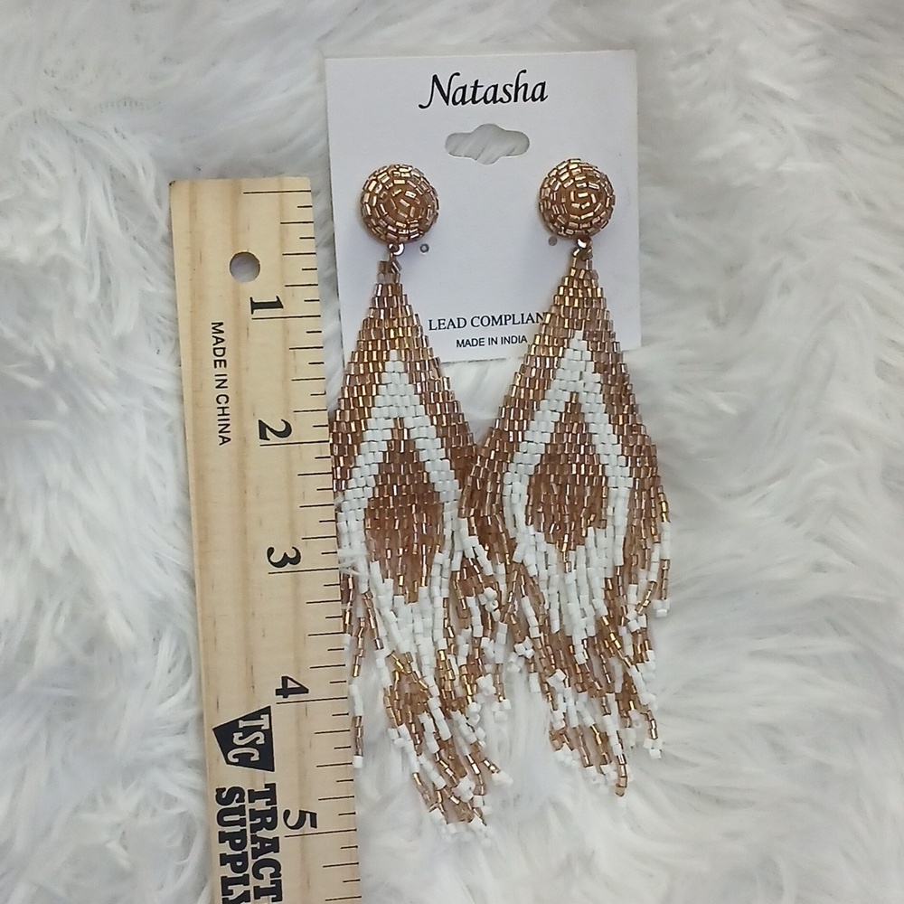 Natasha Couture Gold White Beaded Fringe Boho Festival Sexy Statement Earrings - Picture 13 of 13